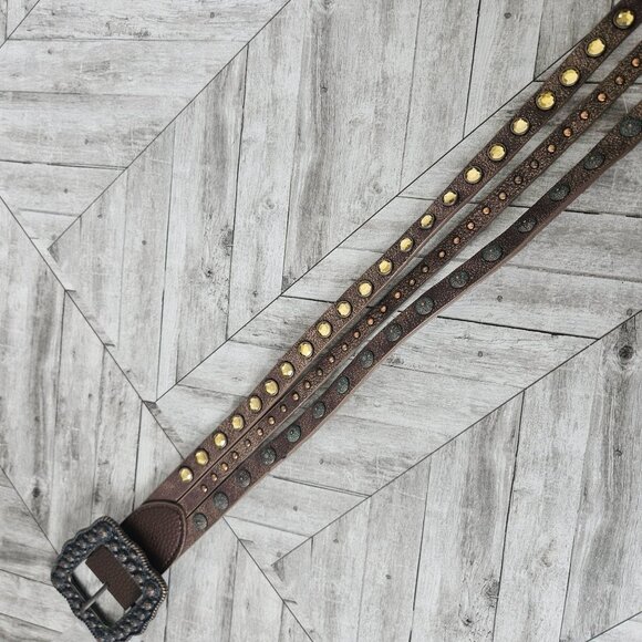 Studded 3 Strand Brown Leather Belt Womens M Country Western Rodeo Bling - Picture 5 of 11